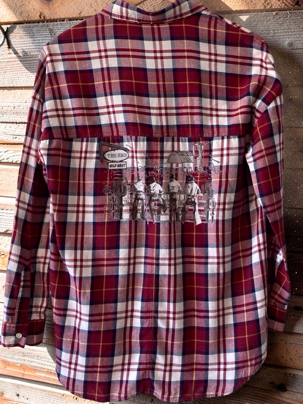 Plaid Flannel Shirt Western Cowboy Graphic Old Navy M Upcycled